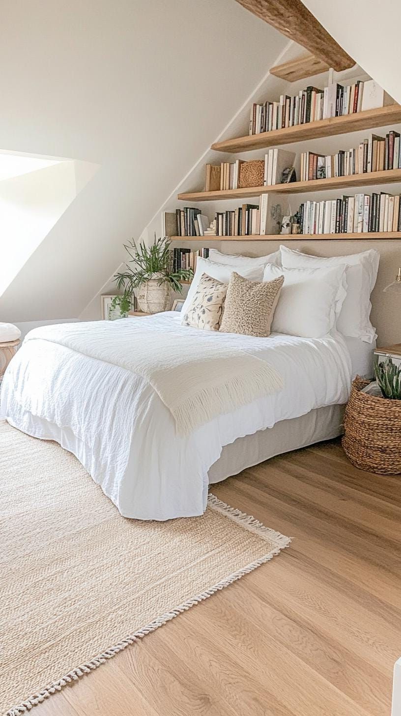 21 Cute Attic Bedroom Ideas You Will Love 52 16. Assemble a reading haven with cozy nooks, integrated bookshelves, and soothing neutral hues-1