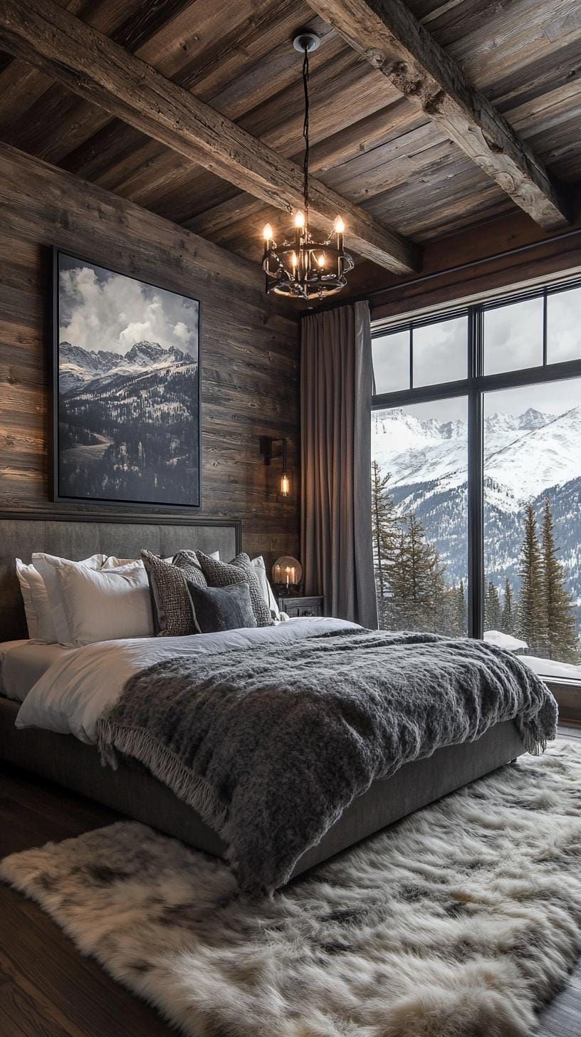 25 Chic Ranch House Decor Ideas for Modern Rustic Living 50 15. Bedroom with dark wood walls, fur rugs, and Western accents-3