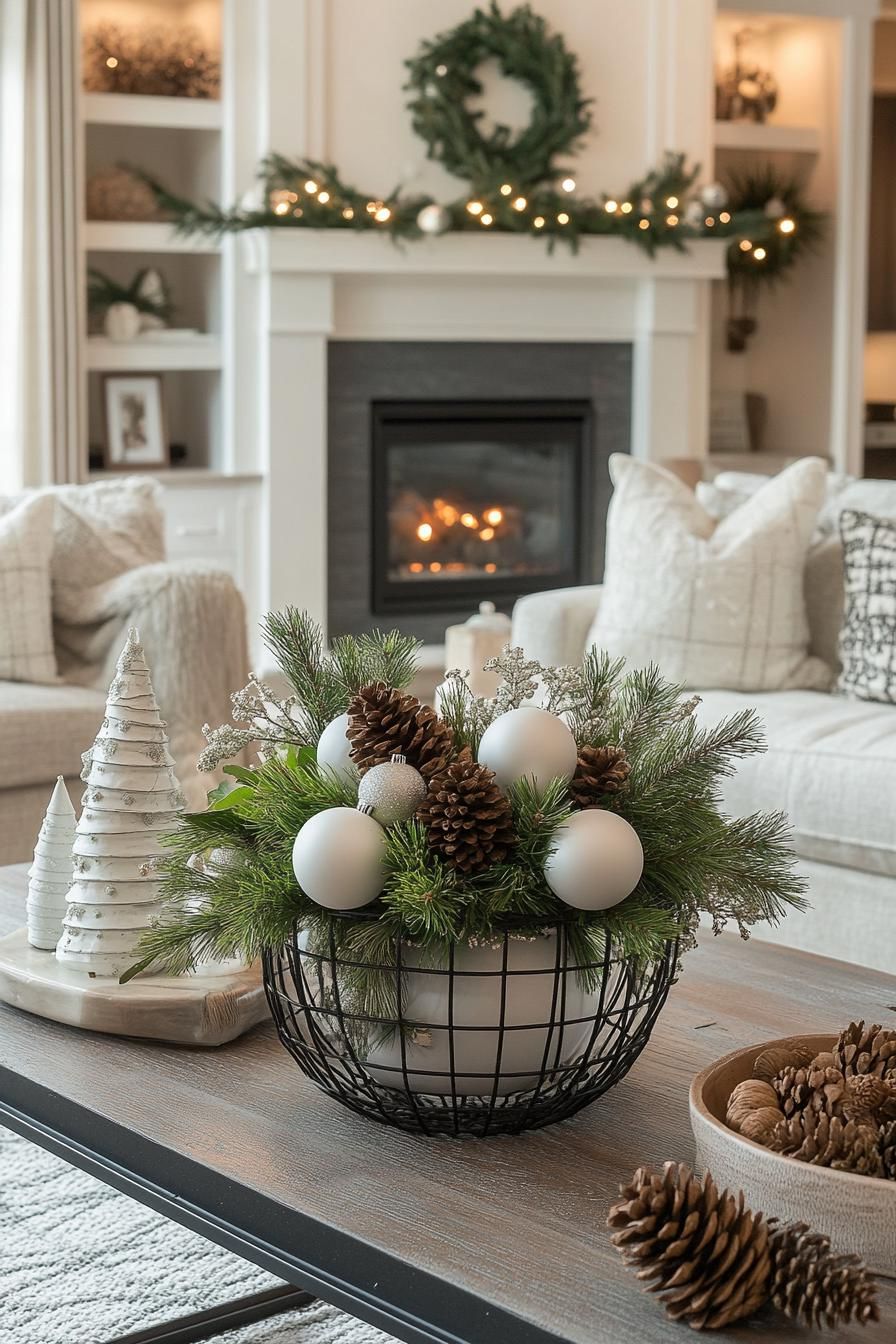 19 Elegant Black and White Christmas Decor Ideas 41 18. Monochrome Holiday Basket Display-1