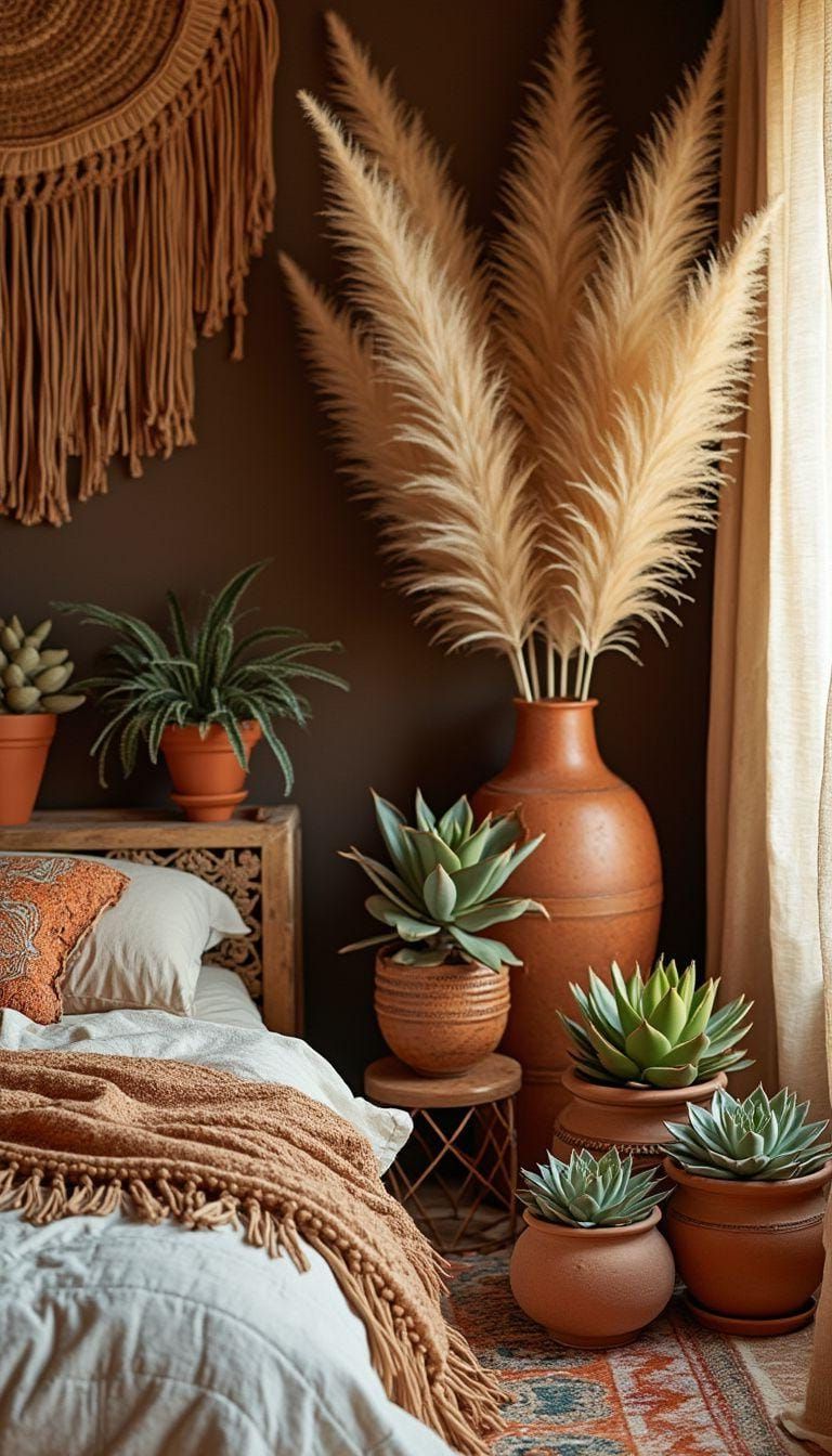 21 Stunning Western Boho Bedroom Ideas To Inspire You 43 13. Integrate pampas grass and succulents in terracotta pots for an earthy, desert vibe-0