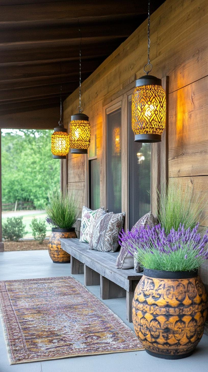 1. Rustic farmhouse charm with reclaimed wood seating, lantern lights, and potted lavender-0