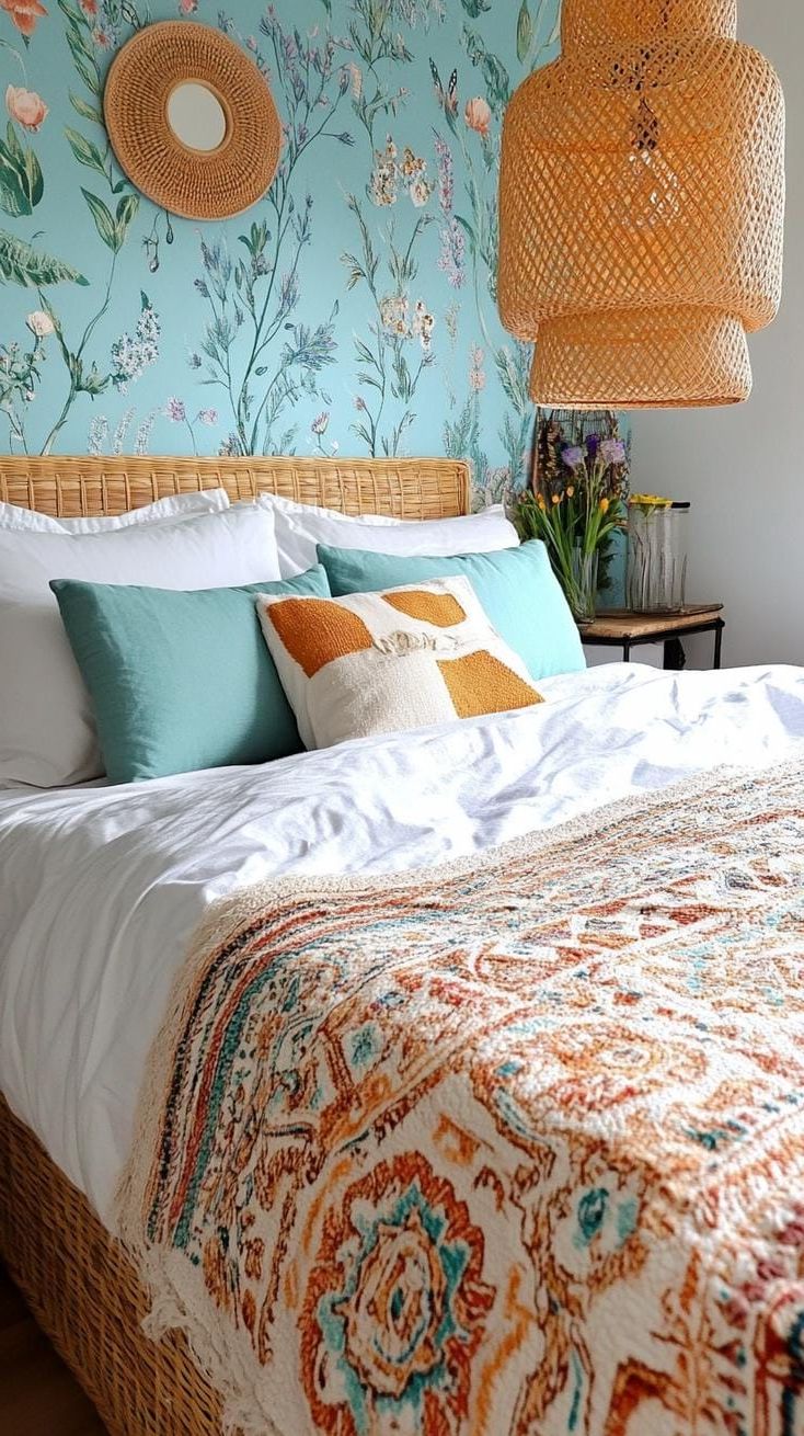 21 Best Blue Boho Bedroom Ideas To Inspire You 69 21. Blue Haze Harmony: Build a reflective haze haven with muted blue wallpapers and rich tapestry throws-2
