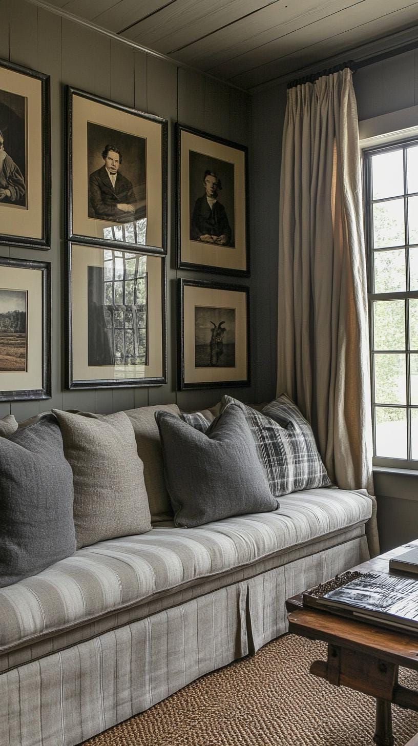 19 Cozy Moody Farmhouse Living Room Ideas That Wow 26 8. Vintage Wall Gallery Inspiration-2