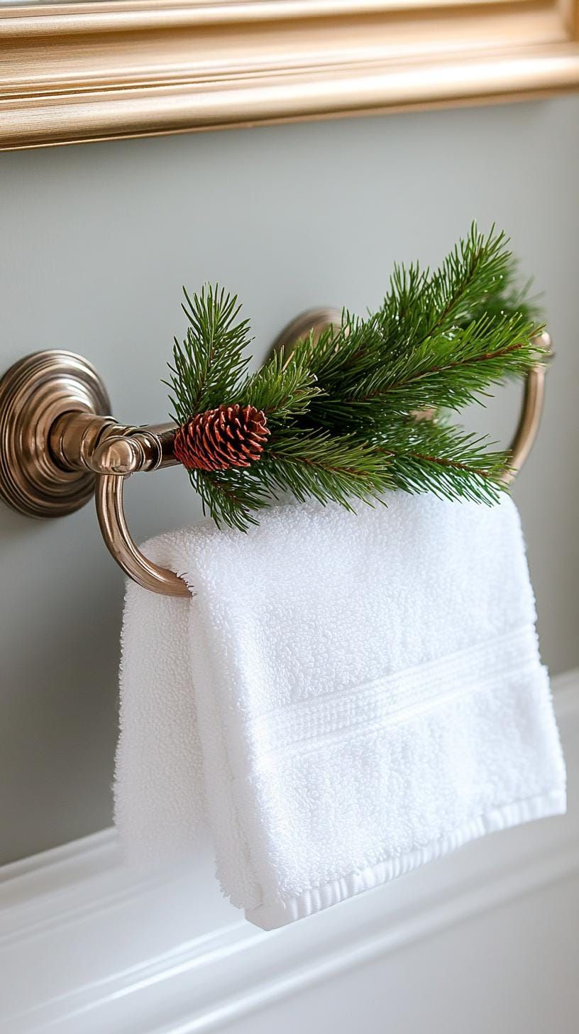 19 Simple Christmas Decor Ideas for Small Bathrooms 13 8. Pine sprig wrapped around towel holder-0