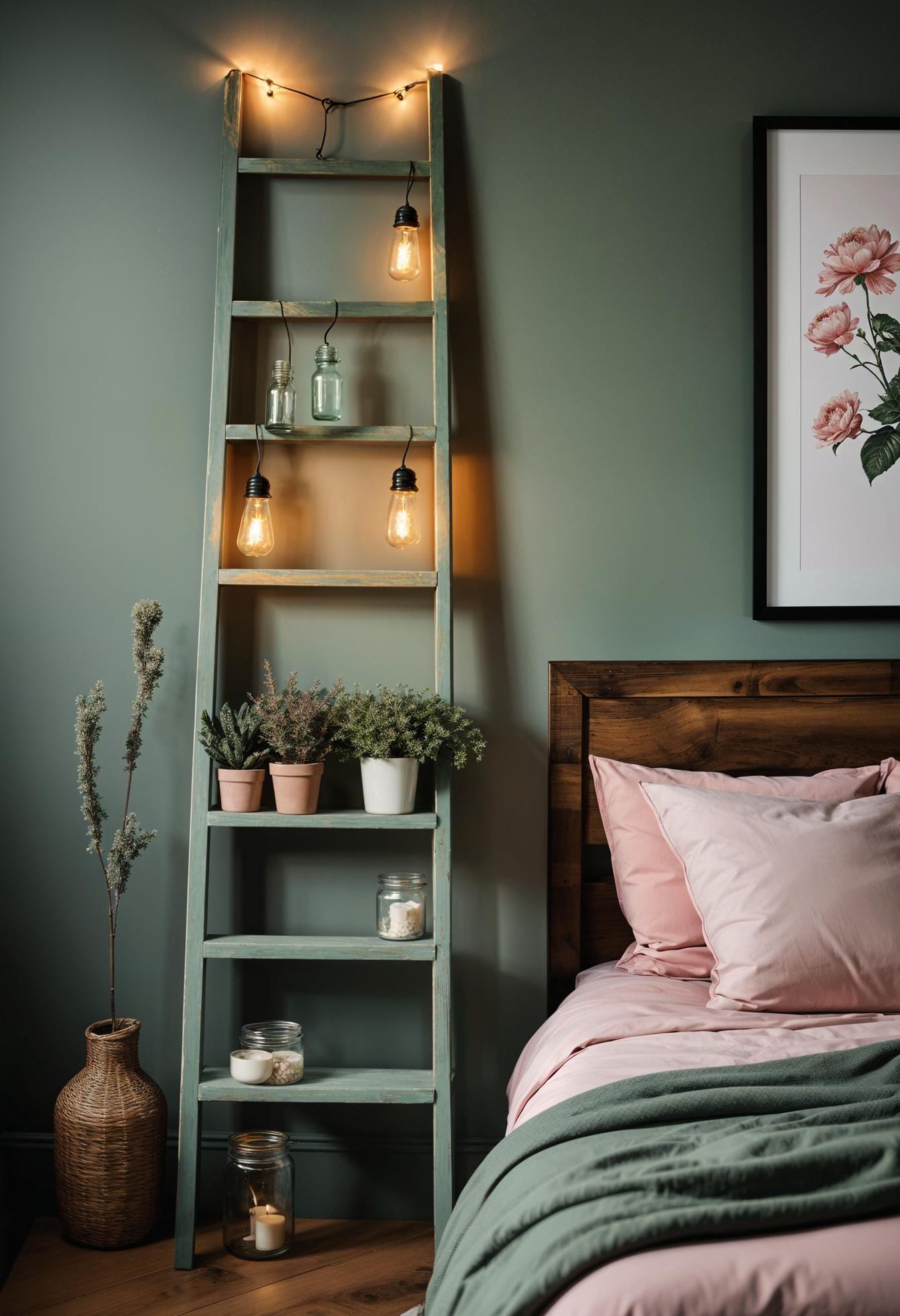 31 Chic Sage Green and Pink Bedroom Inspirations 43 27. Sage Green Ladder and Lights-0