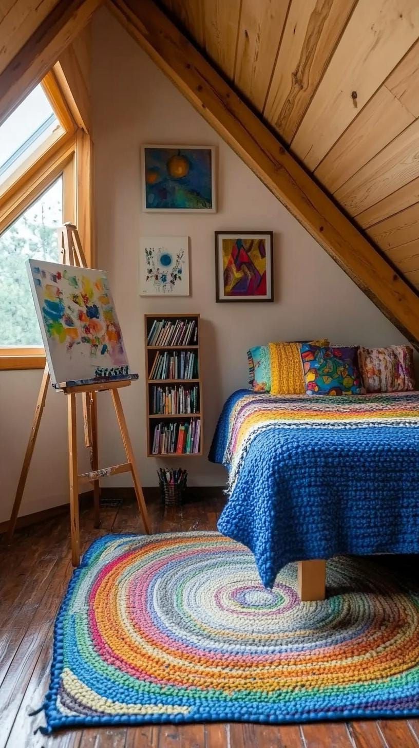 20 Super Cozy Small Attic Bedroom Ideas to Explore Today 39 13. Artistic Studio Space with a wall-mounted easel and a cozy reading corner-0