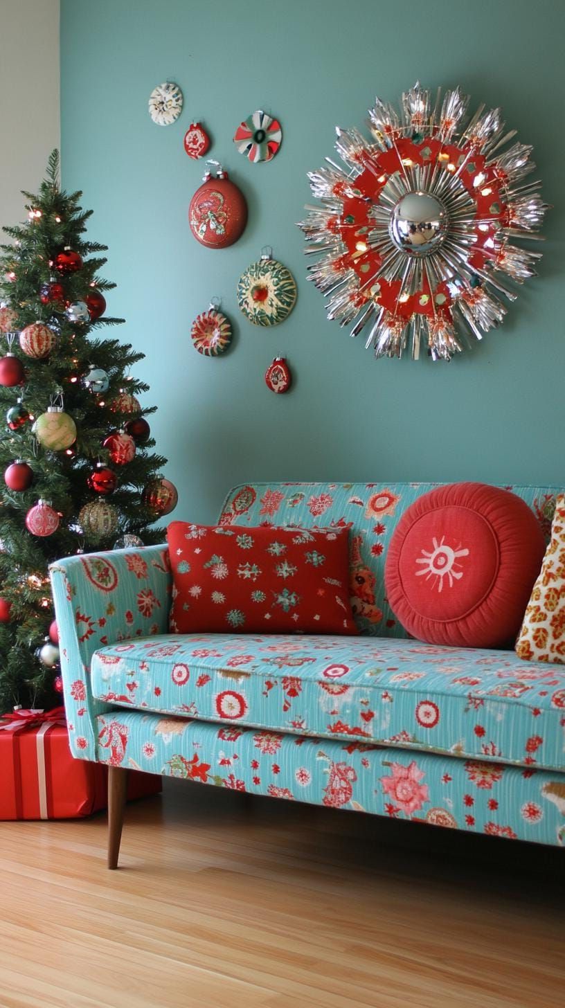 23 Vintage Mid-Century Modern Christmas Ideas to Inspire You 13 5. Turquoise and pink living room with metallic aluminum tree-0