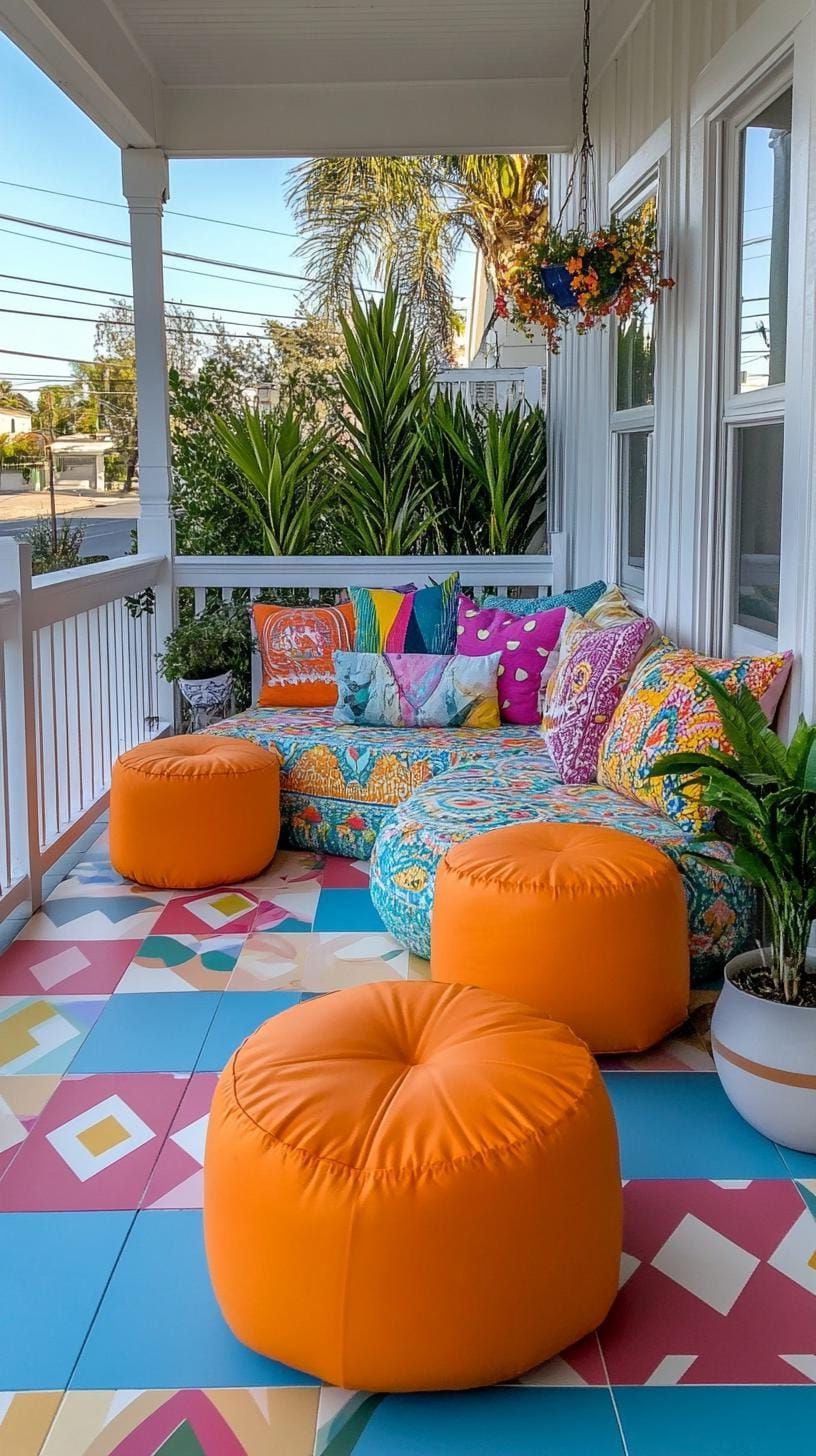 29. Retro funky vibe using bold prints, vintage furniture, and giant floor pillows-1