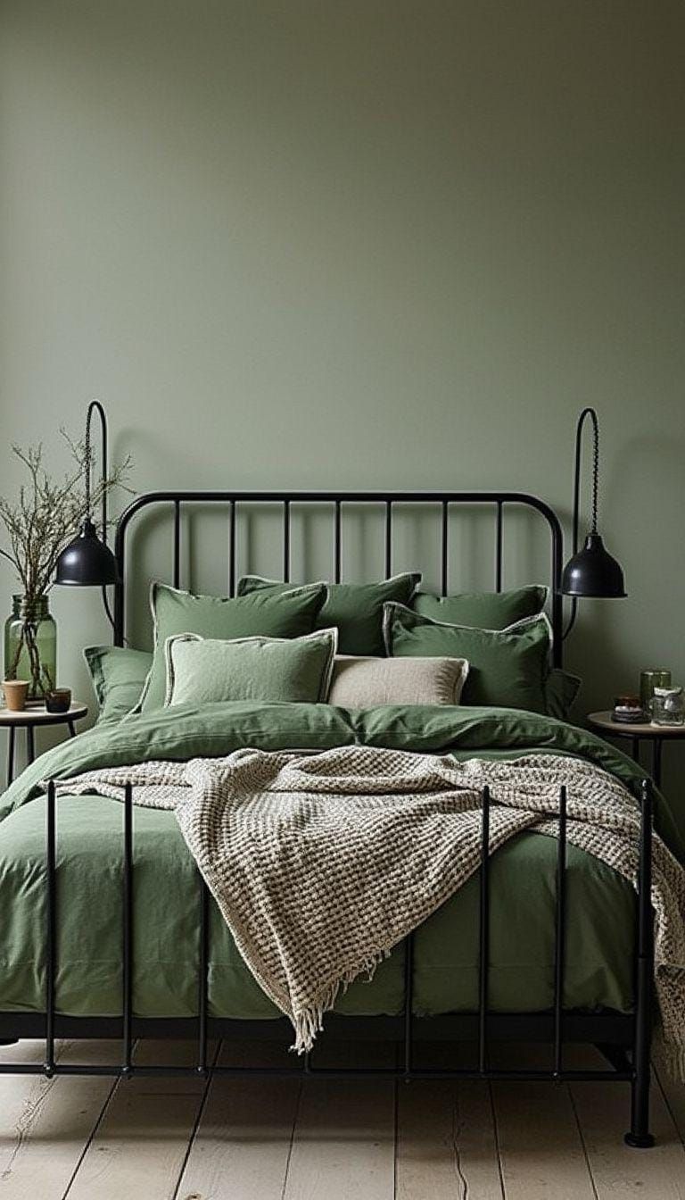 20 Elegant Green and Black Bedroom Ideas You Must See 21 7. Earth Meets Metal: Introduce black wrought-iron bed frames contrasted with natural green bedding tones-0