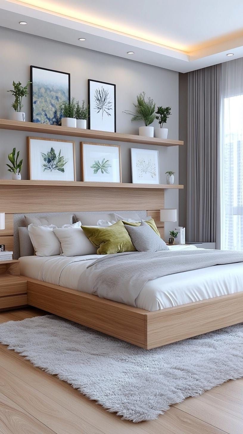 21 New Bedroom Ideas for Your 2025 Refresh 19 6. Floating bookshelves above bed with framed art-0