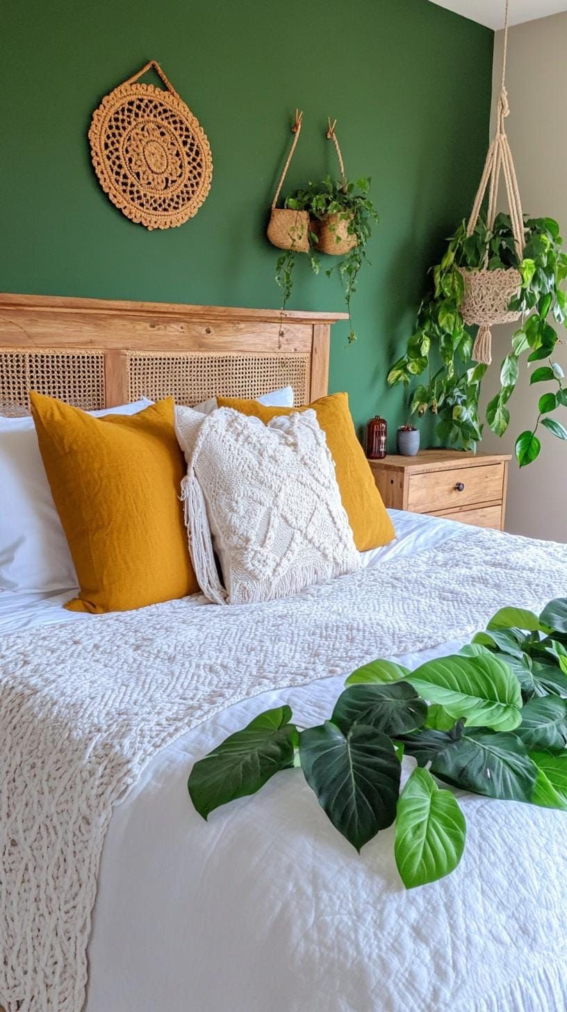 13. Natural wood nightstands with earthy decor and leafy plants-0