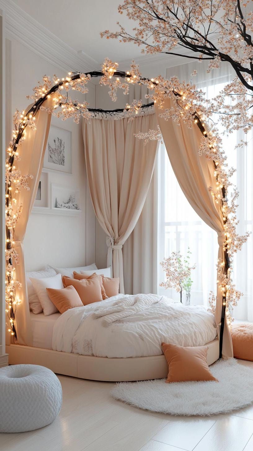 21 New Bedroom Ideas for Your 2025 Refresh 52 18. Dreamy canopy bed adorned with fake snow and fairy lights-2
