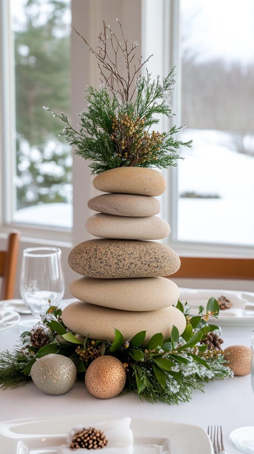 15 Stunning Winter Centerpieces to Transform Your Table 20 6. Woodland Winter Cairn: Build a stone cairn adorned with sprigs of greenery, creating a natural woodland feel, accented with dustings of faux snow-1