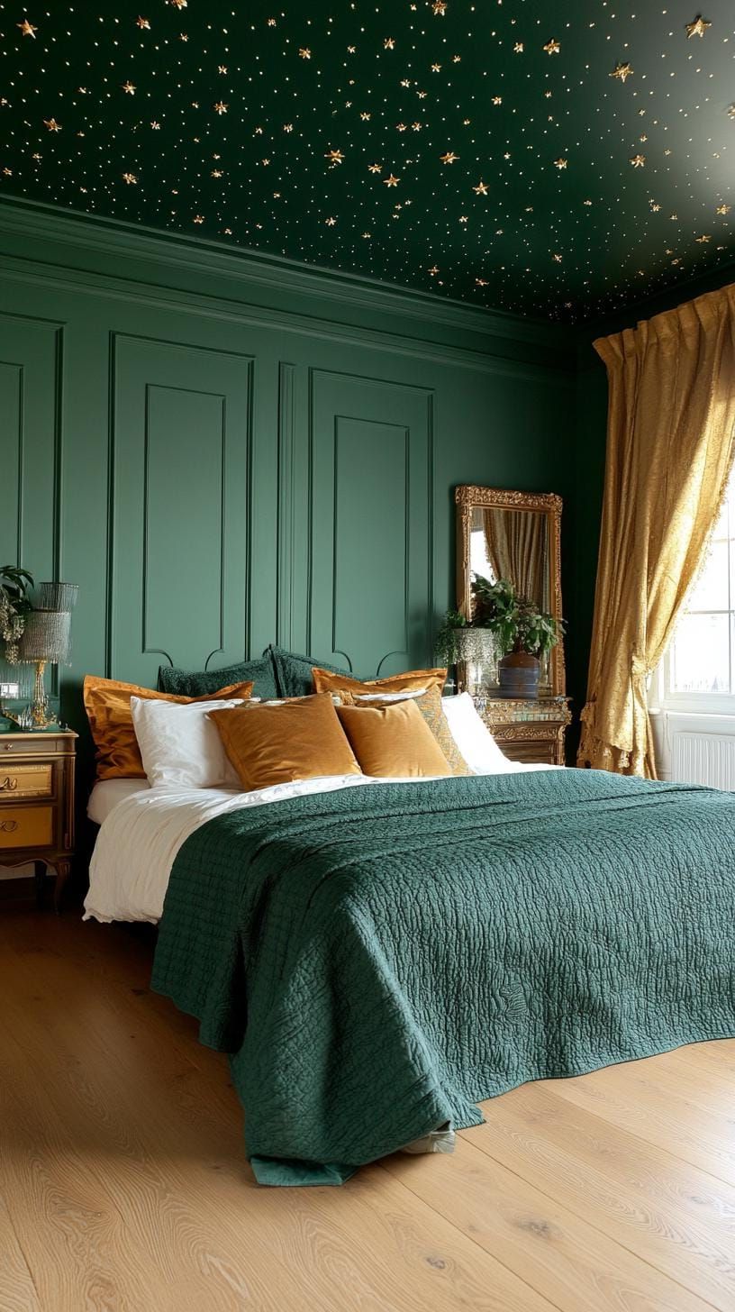 20 Moody Green Bedroom Ideas for a Cozy Retreat 54 17. Celestial Night: Combine starlit ceiling with midnight green accents and metallic embellishments-0