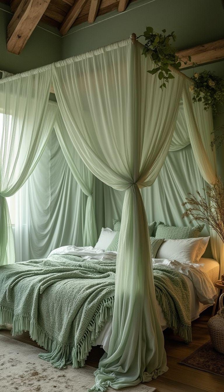 13. Whimsical Canopy: Dress the bed with a voile canopy in sage to conjure a dreamy bohemian escape-1