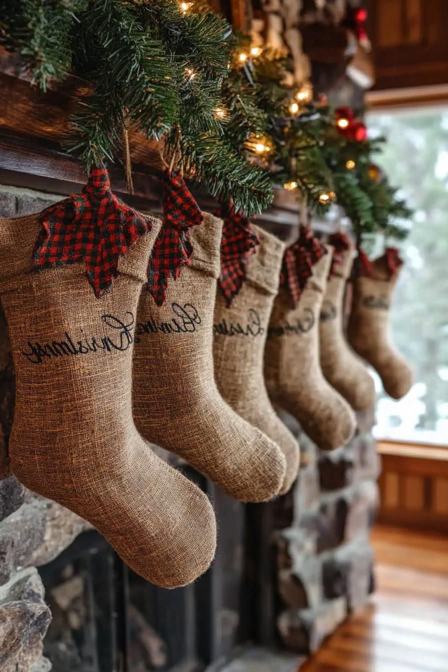 21 Cozy Mountain Lodge Christmas Decor Ideas 6 2. Rustic Embroidered Burlap Stockings-0