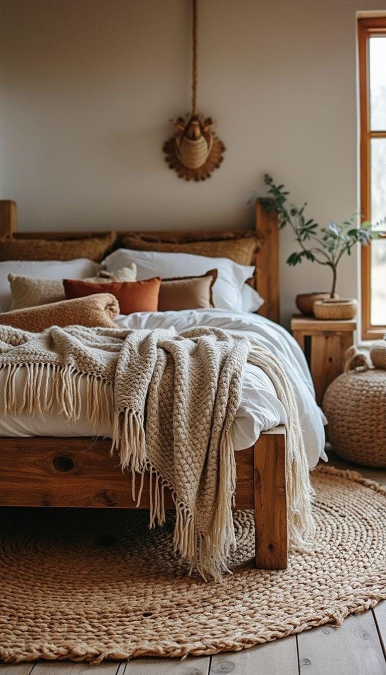 21 Stunning Western Boho Bedroom Ideas To Inspire You 46 14. Layer jute rugs atop each other to add dimension beneath a rustic, wooden bed frame with a mix of knitted throws-0