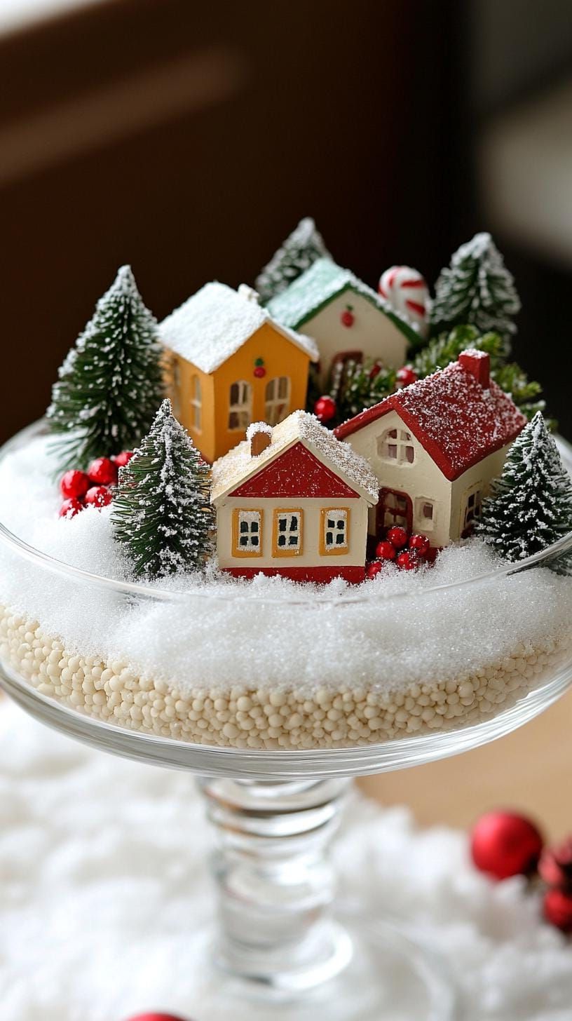 19 Simple Christmas Decor Ideas for Small Bathrooms 33 17. Fake snow in glass bowl with tiny Christmas houses-1