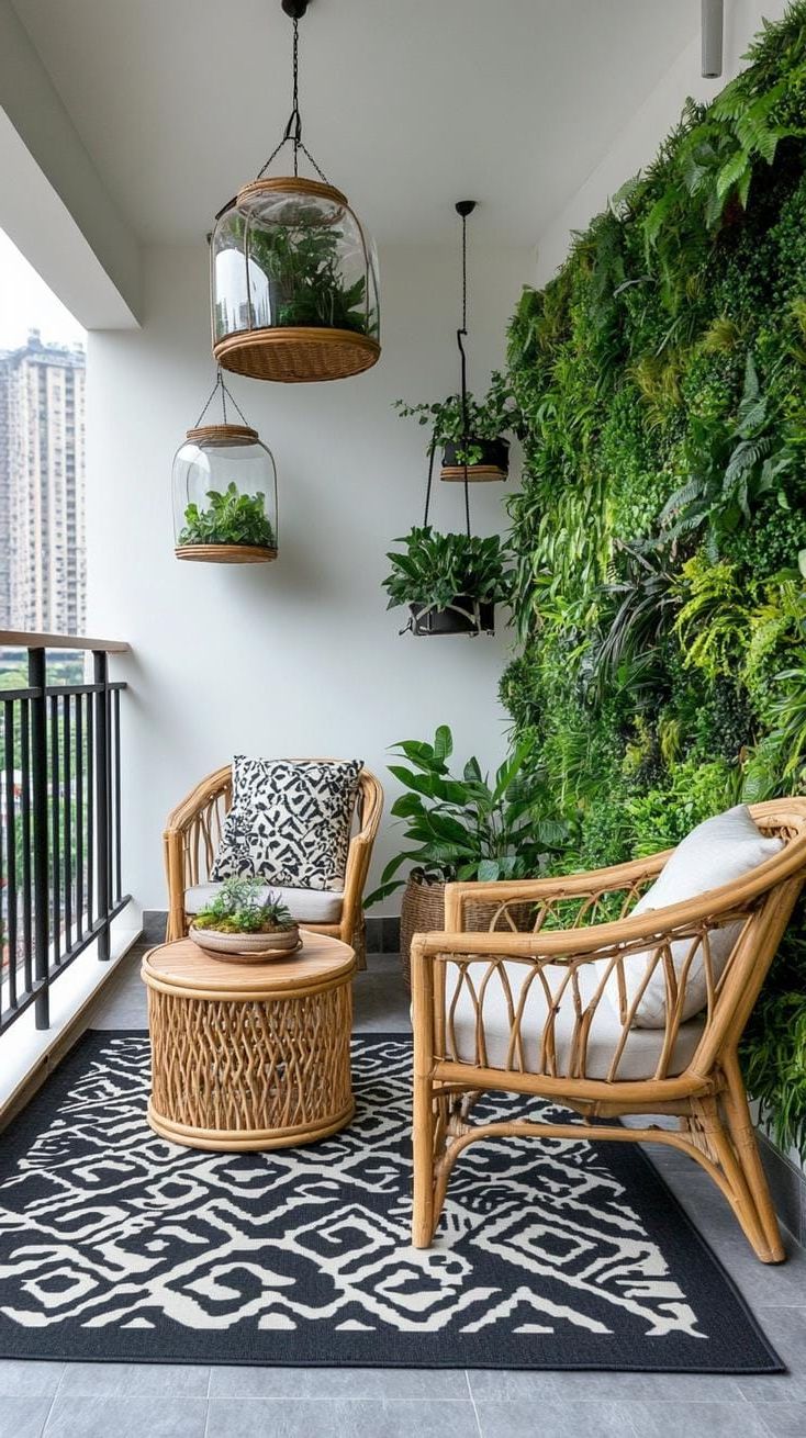 9. Urban jungle featuring vertical garden walls, hanging terrariums, and bamboo furniture-1