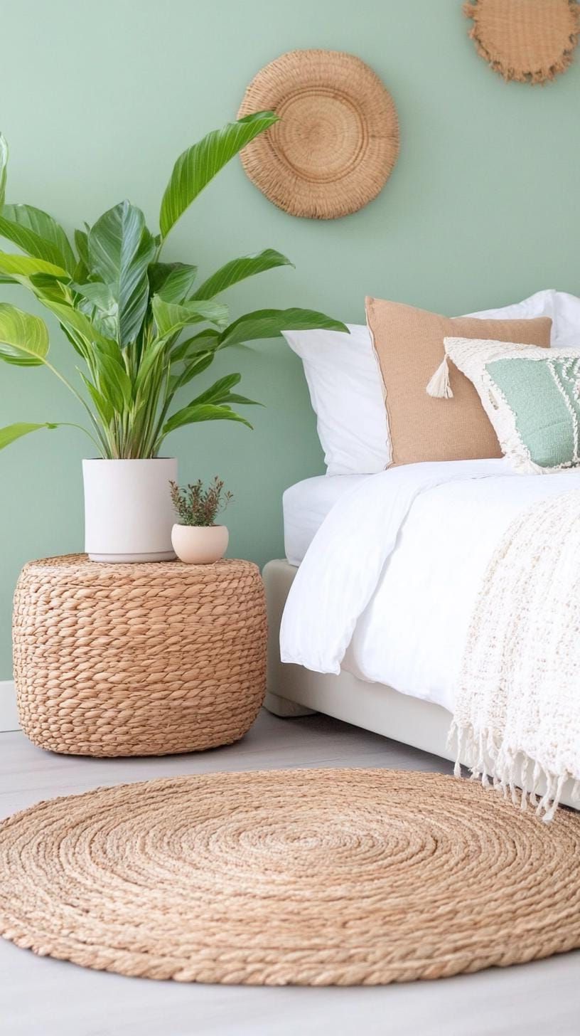 2. Botanical Oasis: Use lush potted plants alongside sage green walls and natural fiber baskets for a soothing natural retreat-0