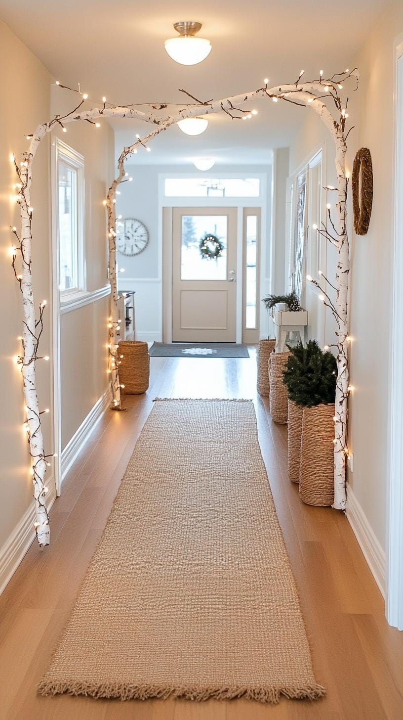 20 Unique Christmas Hallway Decoration Ideas 30 12. White branches archway decorated with twinkling micro lights-1