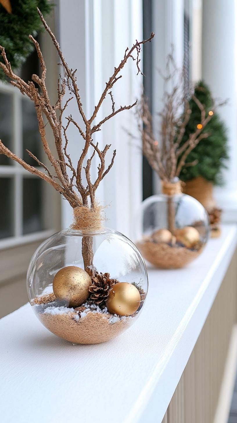 15 Gorgeous Winter Porch Decor Ideas to Spark Your Creativity 40 13. Mini Landscape Terrariums with Bare Tree Branches-3