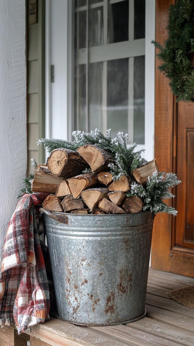 15 Gorgeous Winter Porch Decor Ideas to Spark Your Creativity 31 11. Winter-Themed Galvanized Metal Bucket with Firewood-0