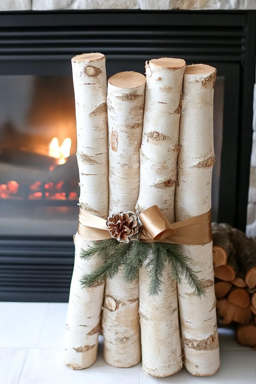 20 Minimalist Christmas Decor Ideas You’ll Love in 2025 45 18. Rustic Birch Logs Fireplace Display-1