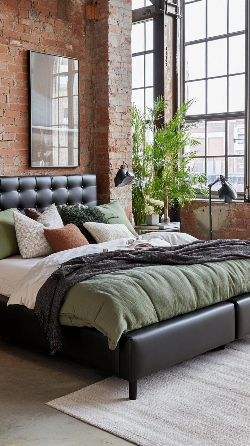 25 Trendy Sage Green Bedroom Ideas For 2025 26 8. Industrial chic space featuring sage green accents and distressed metal detailing-2