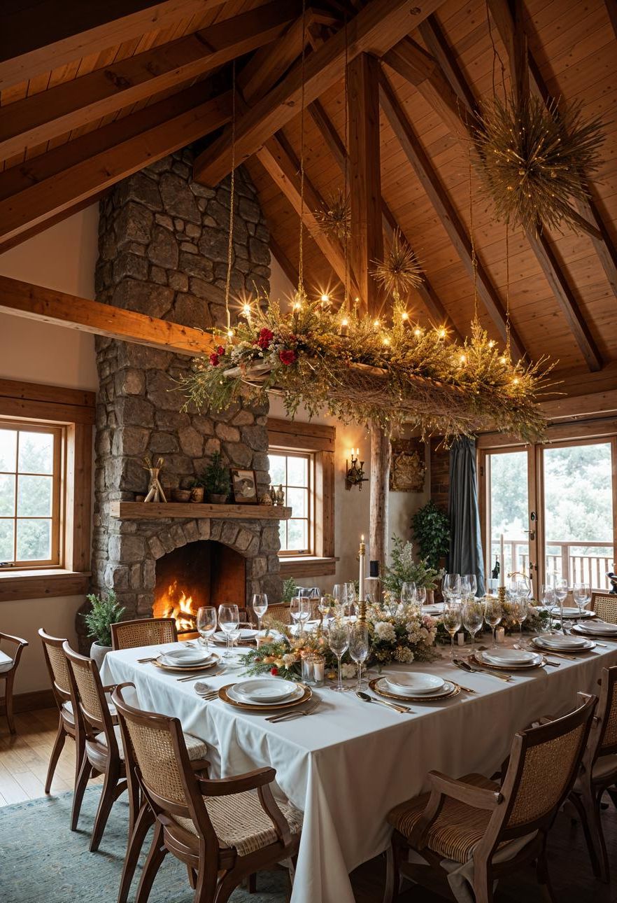 21 Cozy Mountain Lodge Christmas Decor Ideas 41 16. Rustic Rattan Ceiling Decor-2