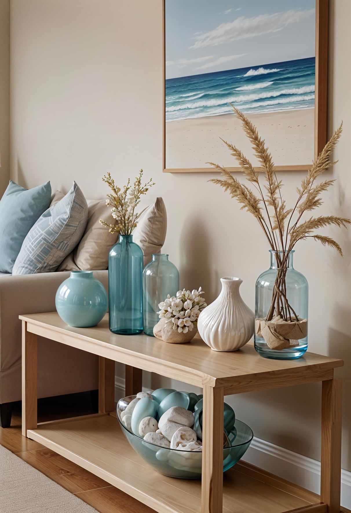 15 Aesthetic Modern Coastal Living Room Ideas 20 7. Coastal Vase Decor Inspiration-1