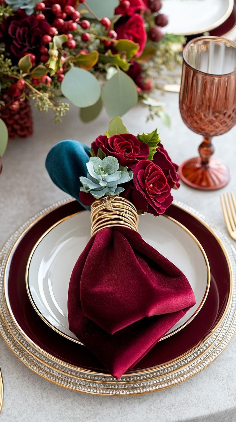 7. Jewel-Toned Christmas Table Setting with Rich Burgundy and Sapphire-0