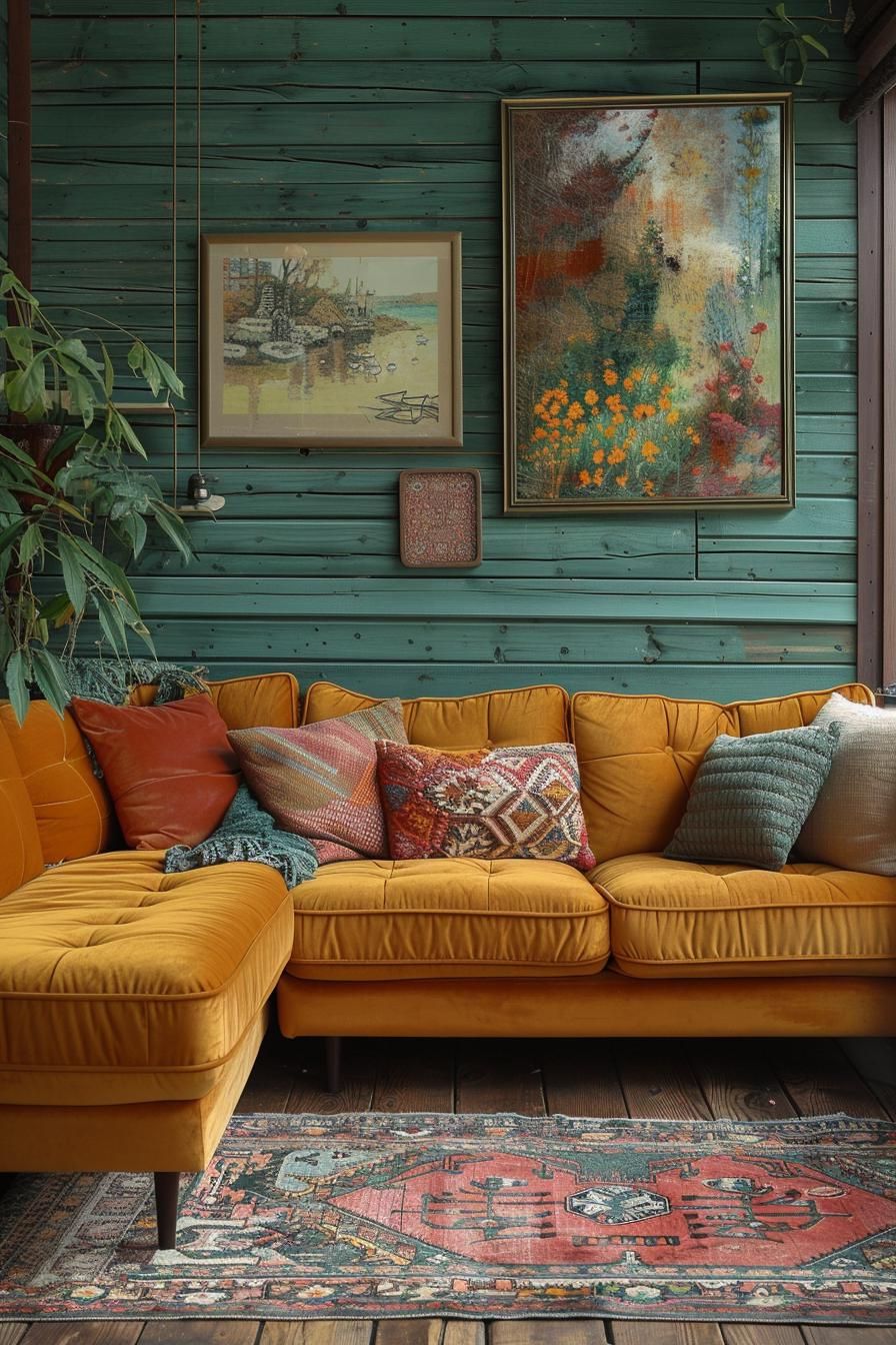 19 Gorgeous Boho Mid-Century Modern Living Room 54 18. Boho Textile Art Showcase-1