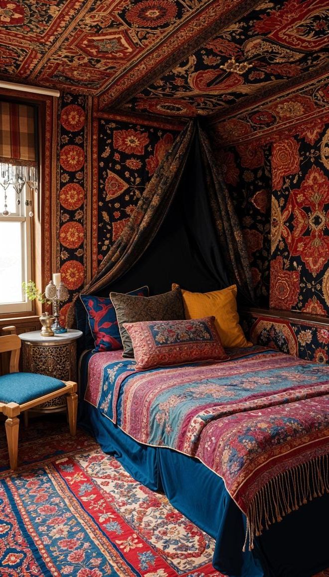 16. Magical Tapestry Territory: Hang colorful, intricate tapestries in rich reds and navy blues around the room-2