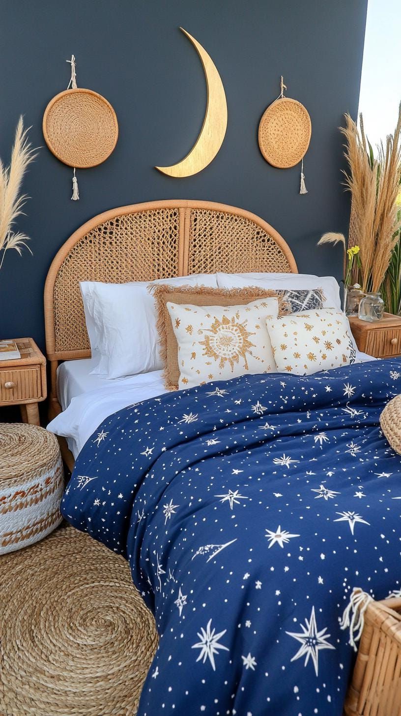 21 Best Blue Boho Bedroom Ideas To Inspire You 14 4. Celestial Sanctuary: Combine midnight blues with star-patterned textiles and moon-phase decor elements-0