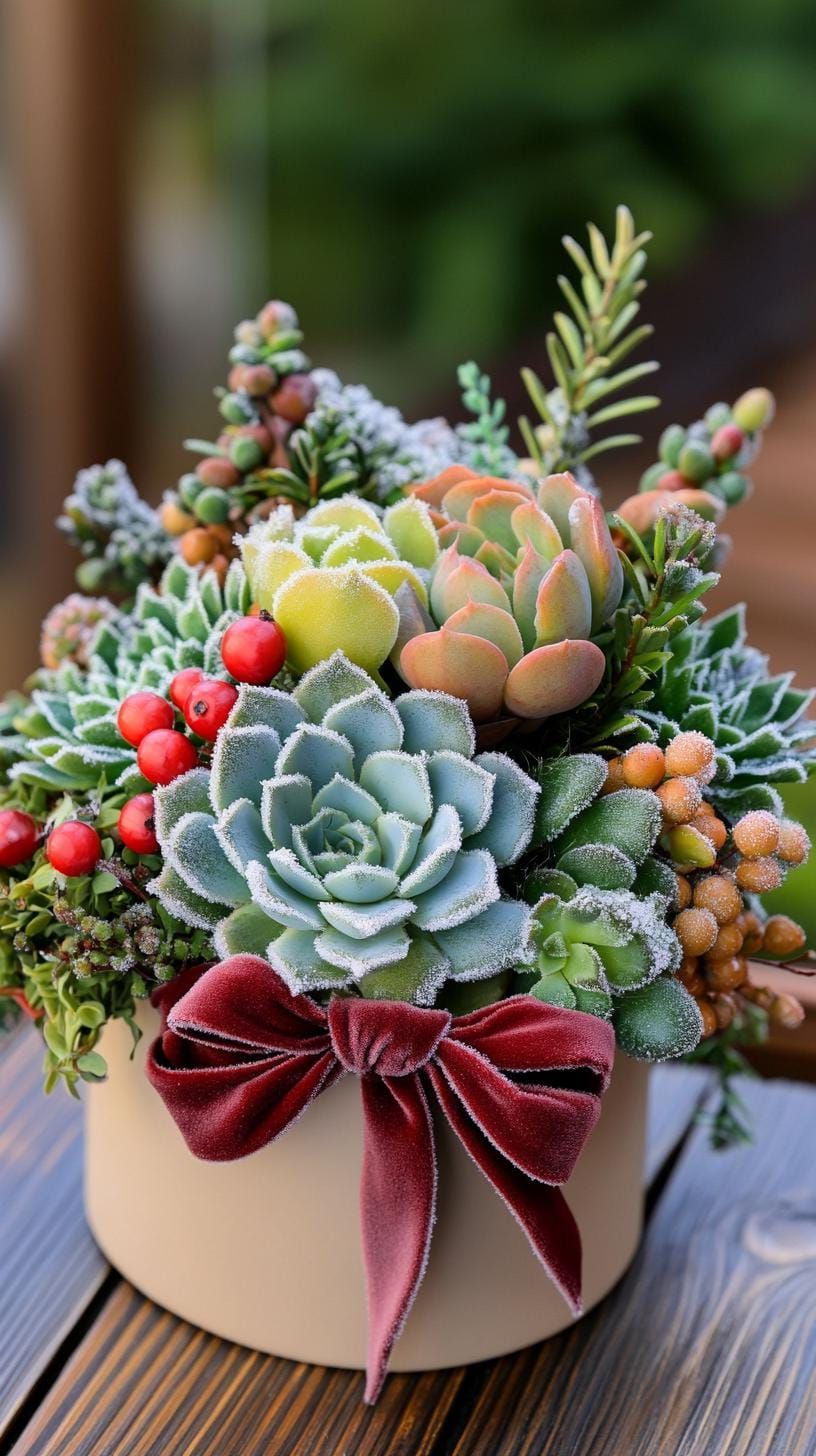 15 New Winter Floral Arrangements For Stunning Centerpieces 12 5. Frosty Succulents and Velvet Elegance-1
