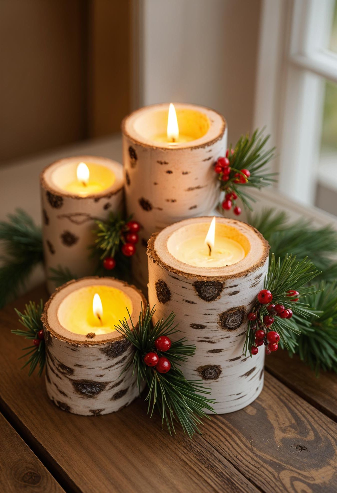 21 Creative Natural Christmas Decor Ideas DIY For 2025 18 7. Rustic Candle Holders with Pine-0