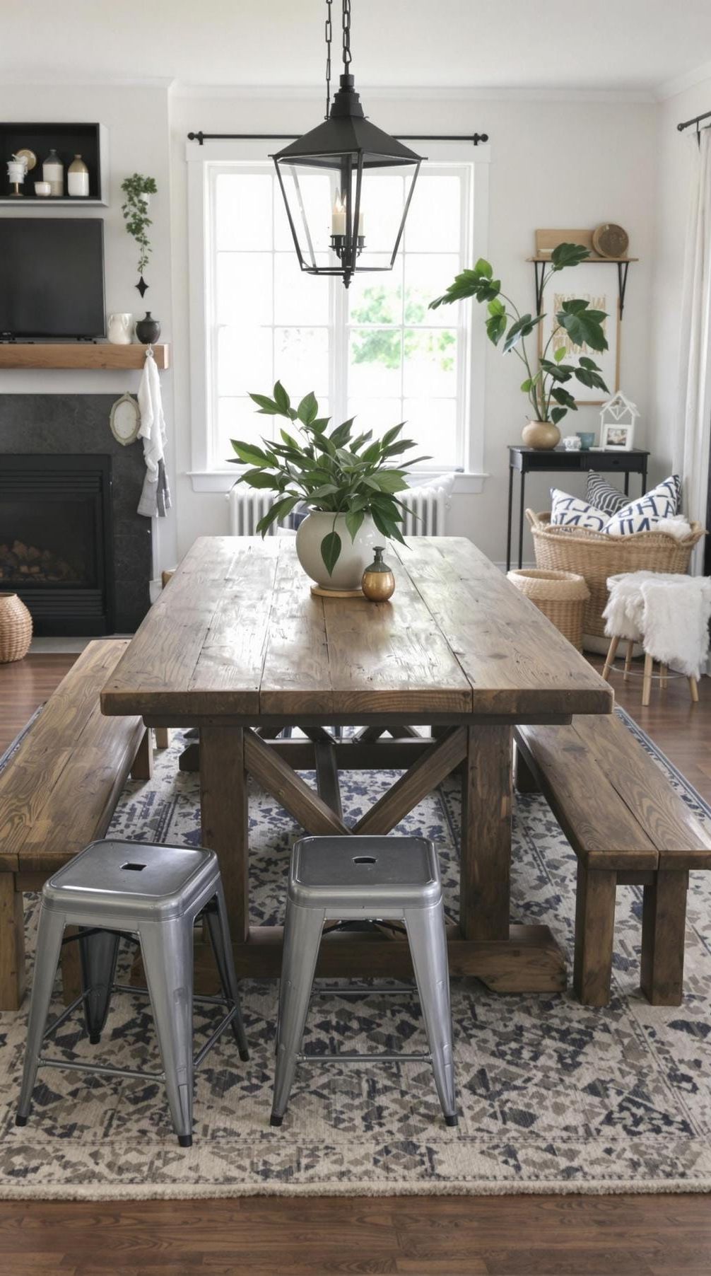 21 Best Industrial Farmhouse Living Room Ideas to Inspire 53 18. Establish an inviting gathering space with rustic picnic-style benches, galvanized steel stools, and a communal dining table as a focal point-1