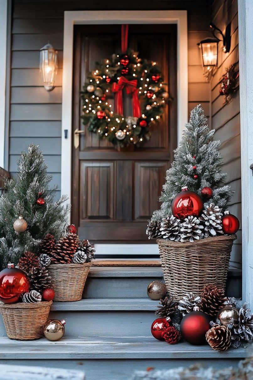16 Unique Front Porch Christmas Decor Ideas for Holiday Season 40 14. Festive Wicker Basket Decor-1