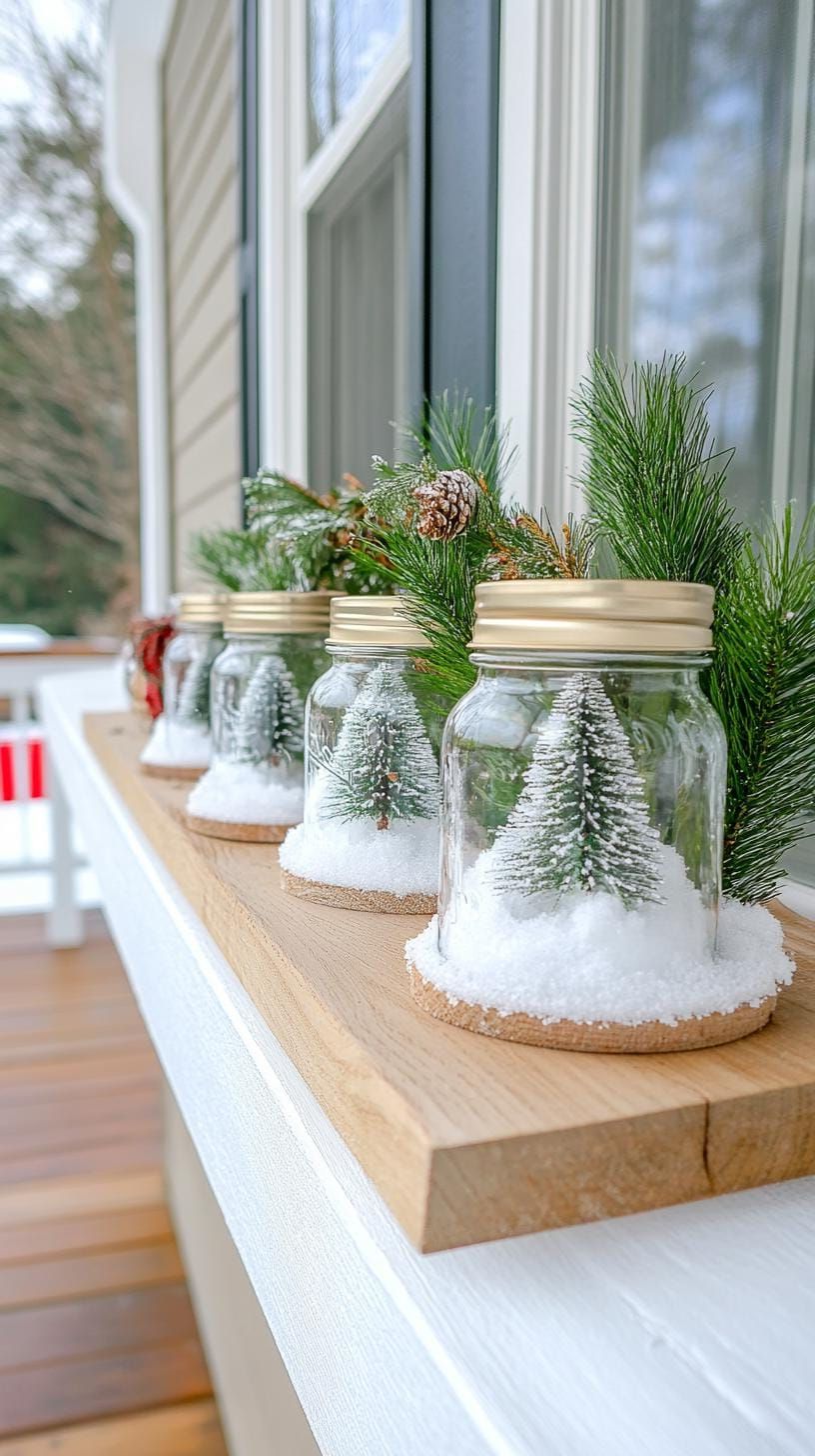 15 Gorgeous Winter Porch Decor Ideas to Spark Your Creativity 8 2. Frosty Mason Jar Snow Globes with Nature Scenes-2