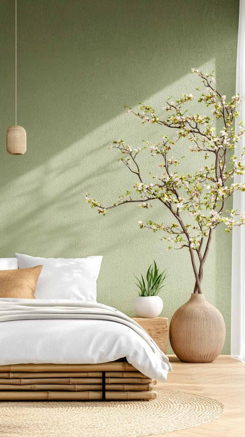 25 Trendy Sage Green Bedroom Ideas For 2025 9 3. Zen-inspired retreat featuring sage green walls and bamboo decor elements-0