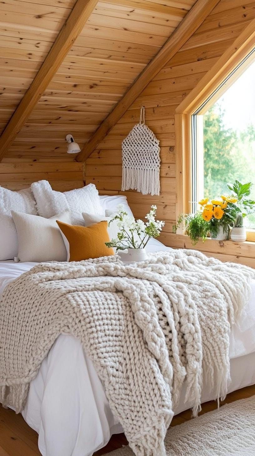 20 Super Cozy Small Attic Bedroom Ideas to Explore Today 34 11. Cozy Nordic Hygge featuring woolen blankets, soft color tones, and dimmed lights-1
