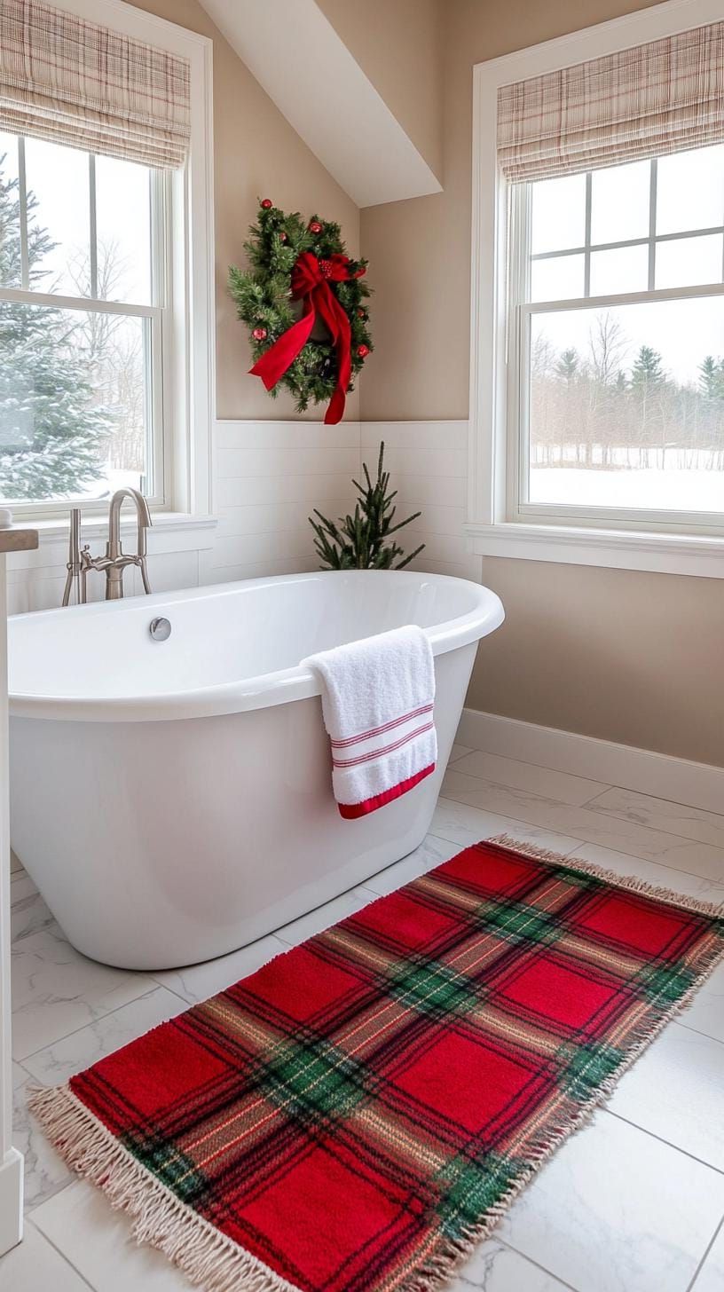 19 Simple Christmas Decor Ideas for Small Bathrooms 25 14. Red and green plaid rugs with matching decor-0