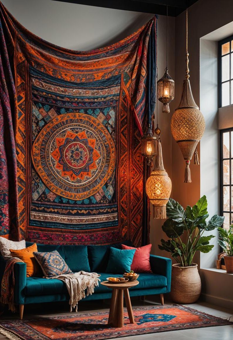 45 Chic & Modern Boho Living Room Ideas To Copy 47 20. Eclectic Tapestry Wall Décor-0