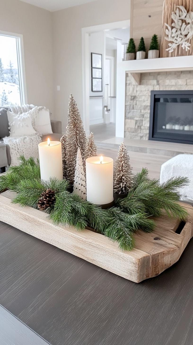 20 Cozy Winter Decor Ideas to Transform Your Home 7 3. Rustic wooden trays styled with pine branches and votives-0