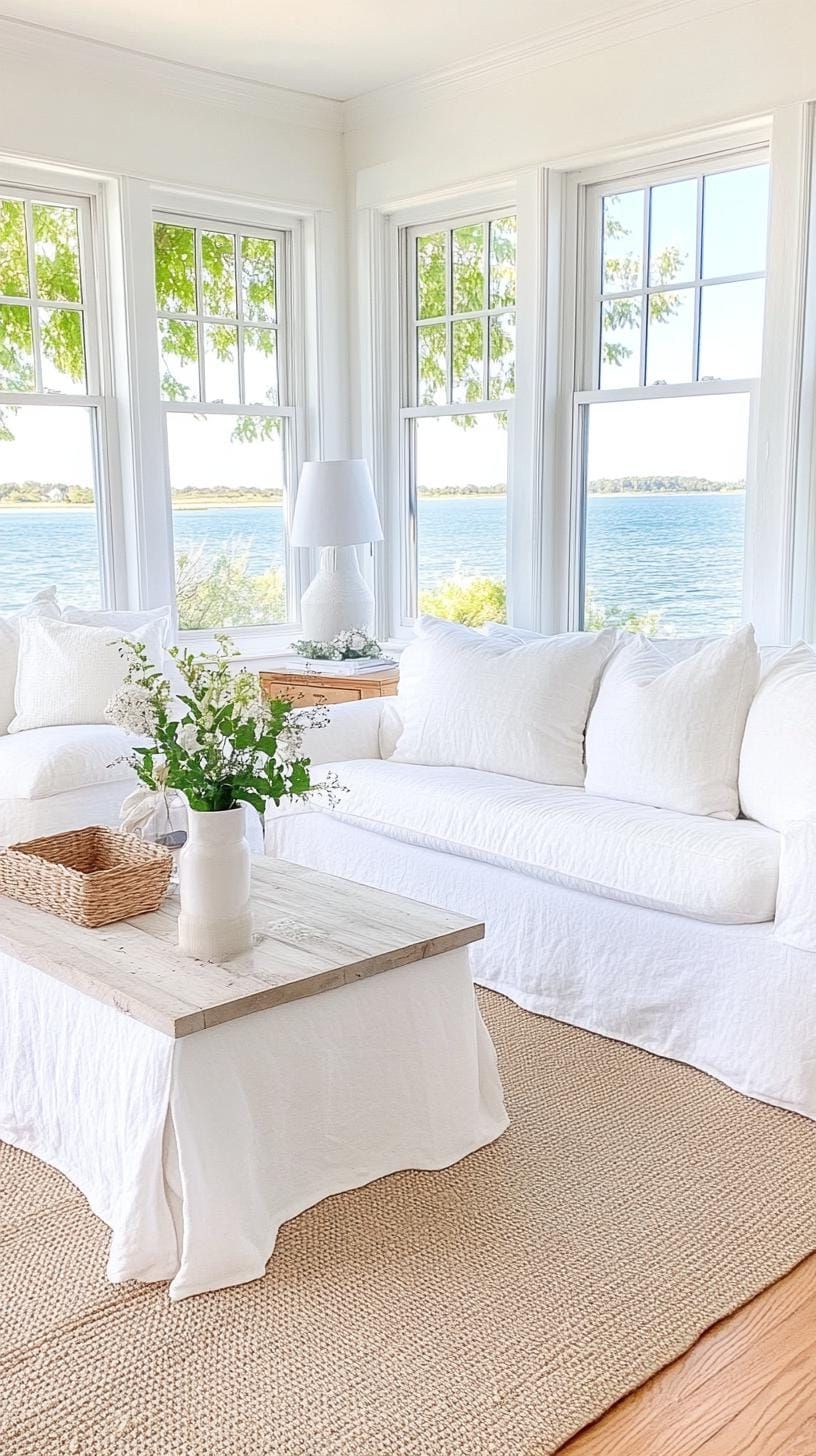 20 Unique Coastal Farmhouse Living Room Ideas That Wow 19 5. Use light linen slipcovers on seating to evoke a breezy, oceanfront ambiance-2