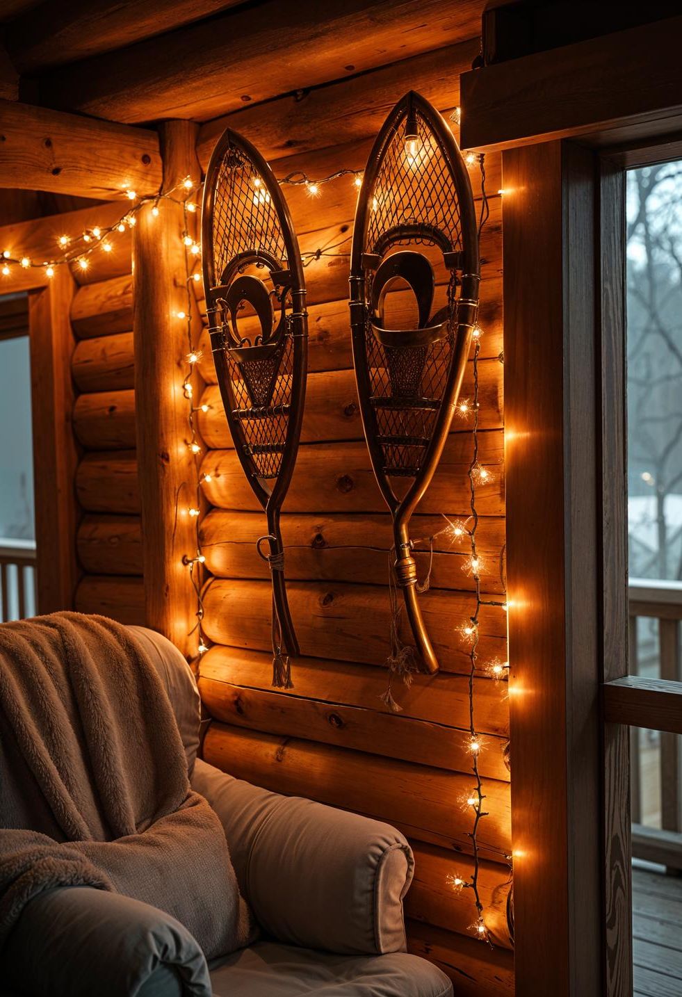 21 Cozy Mountain Lodge Christmas Decor Ideas 10 3. Rustic Snowshoe Wall Decor-1