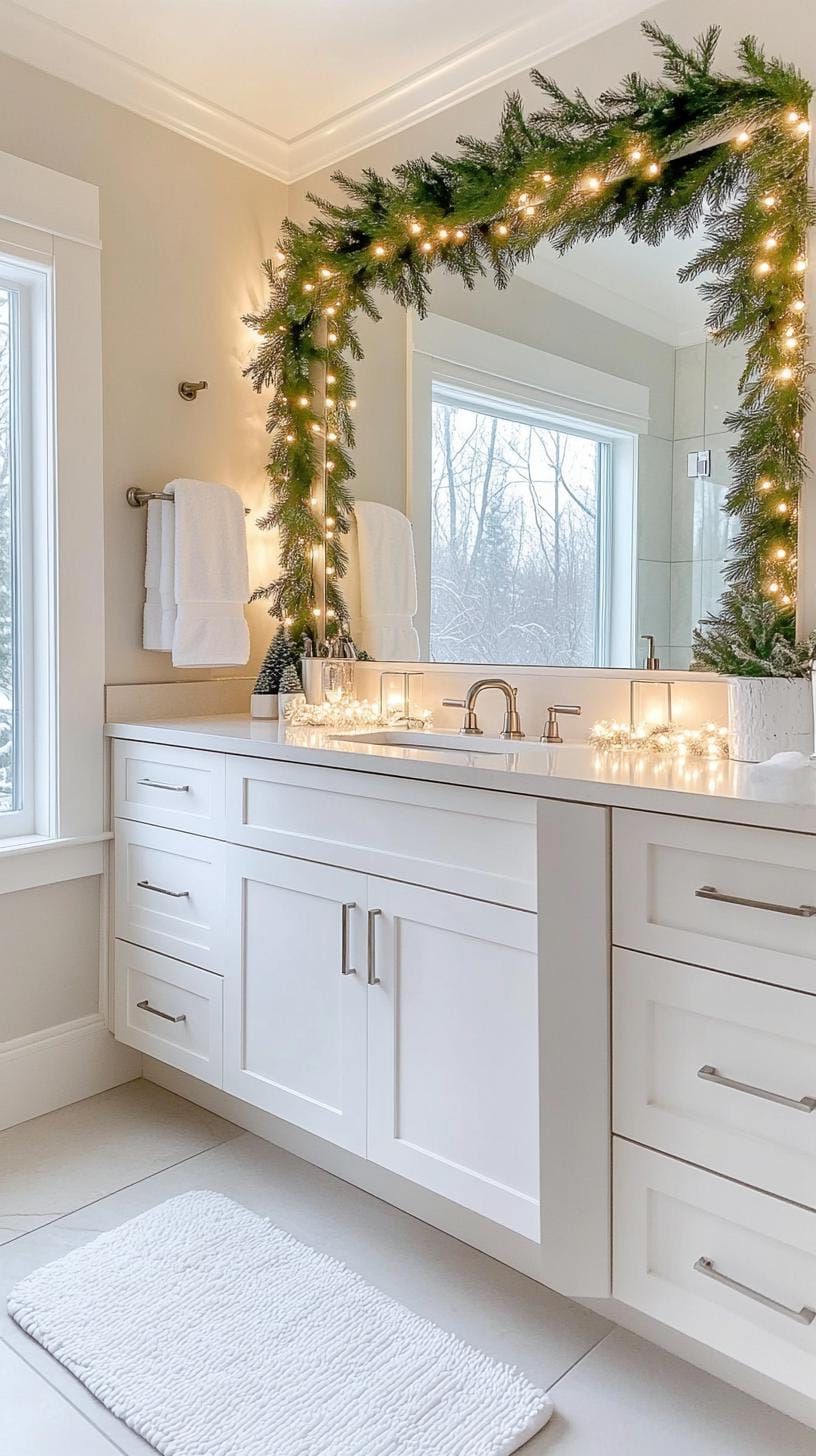 19 Simple Christmas Decor Ideas for Small Bathrooms 8 5. Garland of warm lights and pine over mirror-0