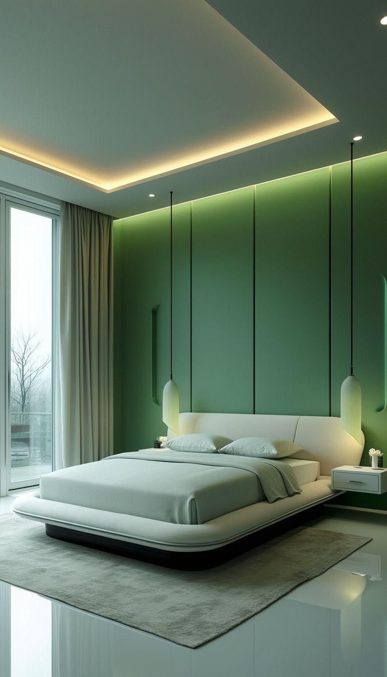 25 Trendy Sage Green Bedroom Ideas For 2025 43 13. Futuristic loft with sage green accent walls and sleek, minimalist design-1
