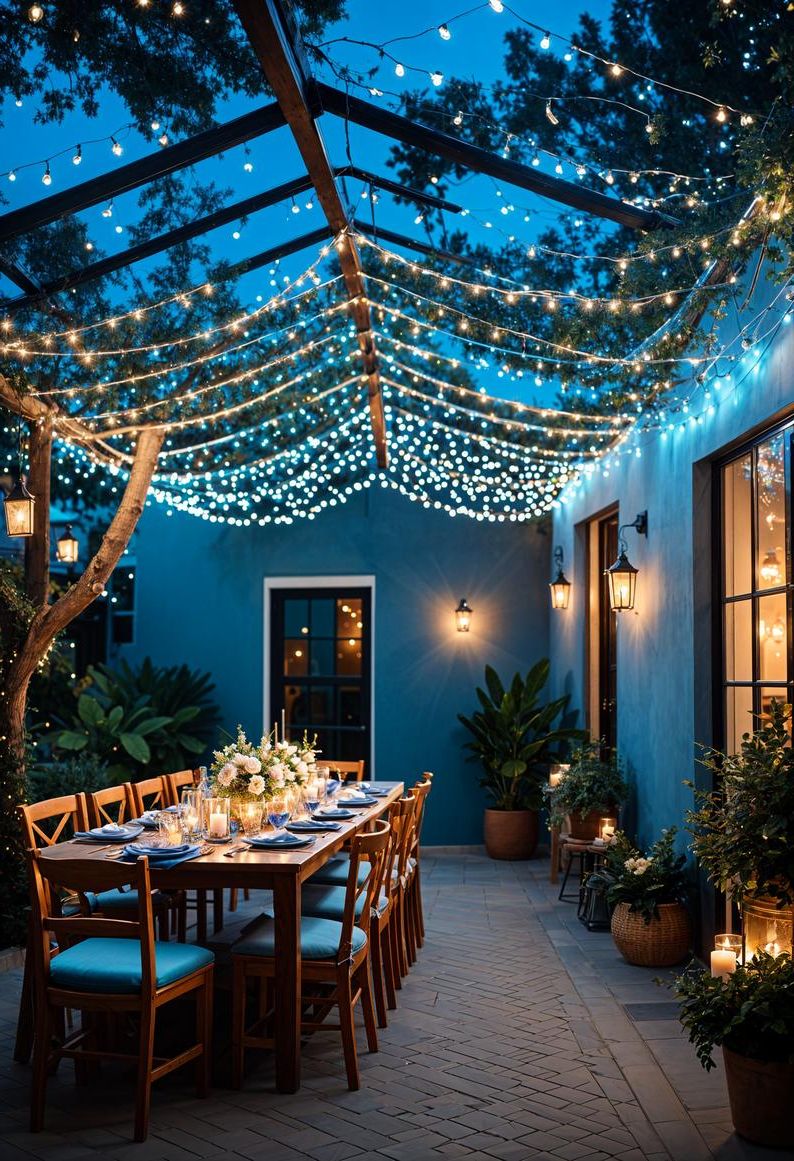 21 Gorgeous Blue Christmas Decor Ideas You Must See 20 8. Dining Area Blue Fairy Lights-0